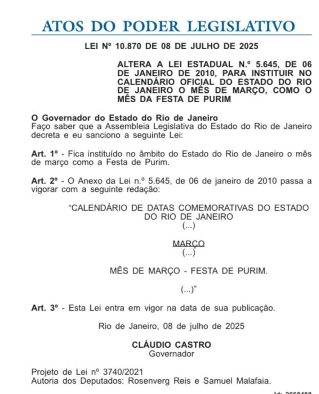 Tradicional celebração do povo judeu, a Festa de Purim passa a integrar o calendário estadual do Rio de Janeiro através da Lei 10.870/2025