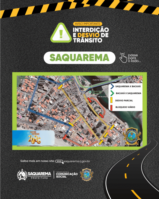 Mapa 1 (1) Por conta das festas do Réveillon em Saquarema, Vilatur, Sampaio Corrêa e Jaconé, a Guarda Civil Municipal definiu algumas mudanças no tráfego de veículos