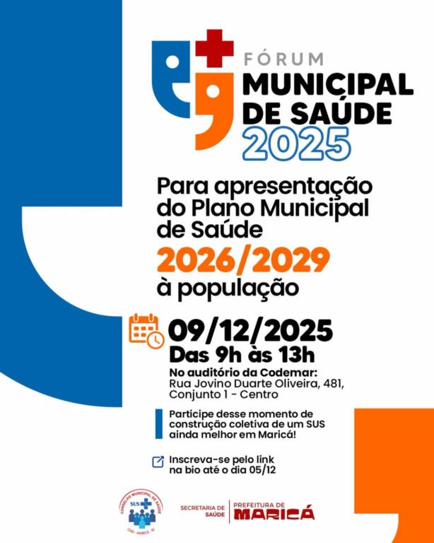 A Prefeitura de Maricá, por meio da Secretaria de Saúde, em parceria com o Conselho Municipal de Saúde, promove na próxima terça-feira (09/12), das 9h às 13h, o Fórum Municipal de Saúde 2025, que será realizado no auditório da Codemar, localizado na Rua Jovino Duarte Oliveira, 481, Conjunto 1, no Centro.
