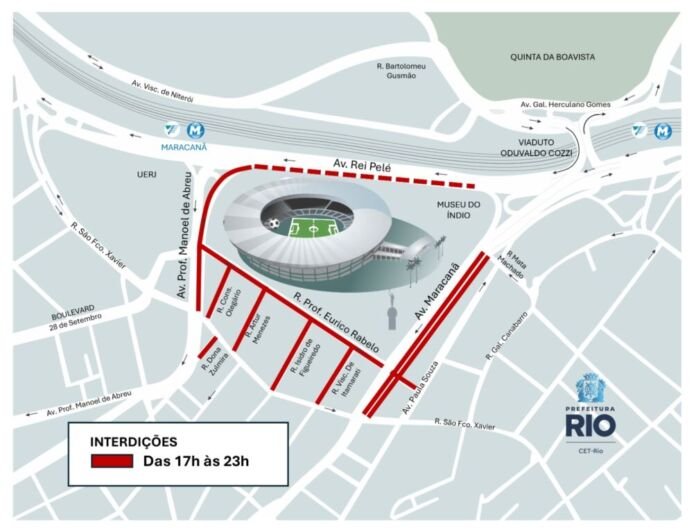 A Companhia de Engenharia de Tráfego do Rio de Janeiro (CET-Rio) realizará operação de trânsito nesta quarta-feira, dia 04/02, para jogo entre Flamengo e Internacional pelo Campeonato Brasileiro, que acontecerá às 19h, no estádio do Maracanã.