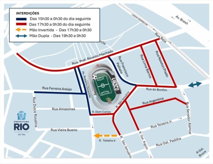 A Companhia de Engenharia de Tráfego do Rio de Janeiro (CET-Rio) realizará operação de trânsito neste sábado (14/02), para o jogo entre Vasco e Volta Redonda, pelo Campeonato Carioca, que acontece às 21h30, no estádio São Januário, no bairro Vasco da Gama.