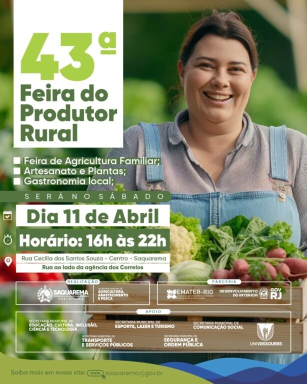 A Prefeitura de Saquarema realizará, por meio da Secretaria Municipal de Agricultura, Abastecimento e Pesca, no próximo sábado, dia 11 de abril, a 43ª edição da Feira do Produtor Rural