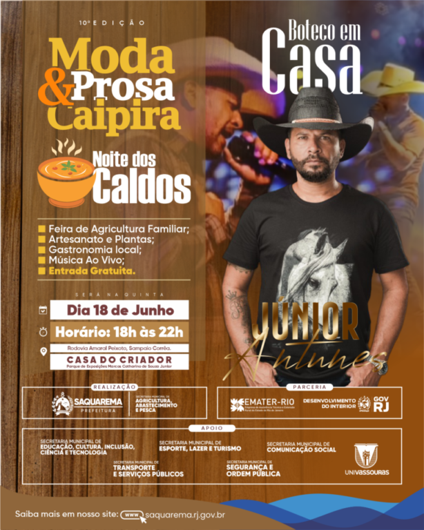 A Prefeitura de Saquarema, por meio da Secretaria Municipal de Agricultura, Abastecimento e Pesca, realizará a 10ª edição do Moda & Prosa Caipira