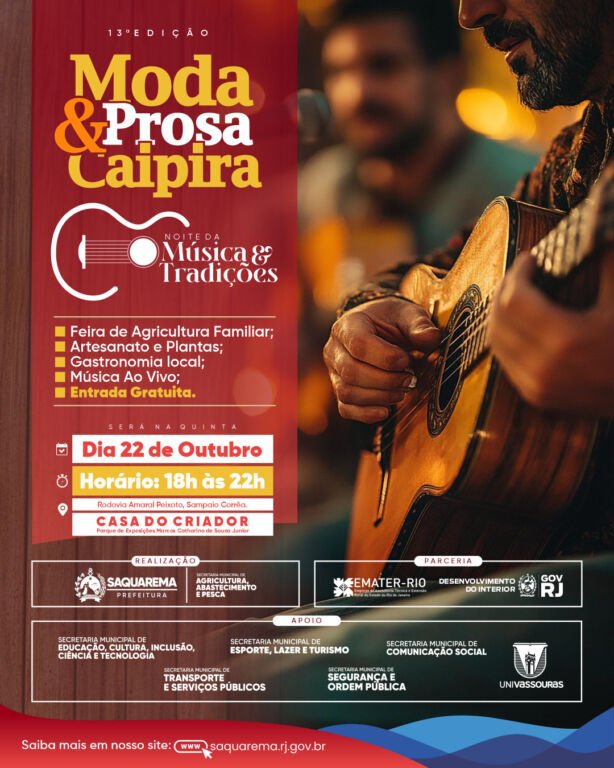 A tradição, a música e os sabores da cultura rural estarão em destaque na 13ª edição da Moda & Prosa Caipira, que será realizada, com entrada gratuita, na quinta-feira, dia 22 de outubro, das 18h às 22h, na Casa do Criador